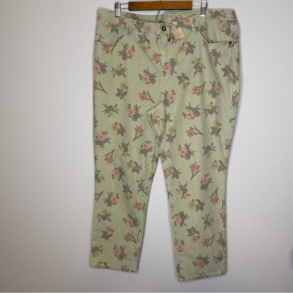 Studio By D And Co. Womens Green Floral Striped Crop Twill Pant Sz 22W NWT